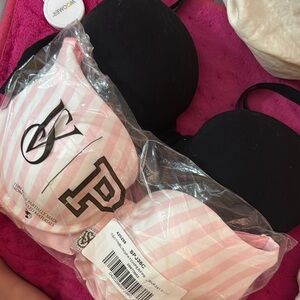 Black and Pink Striped Bra Set